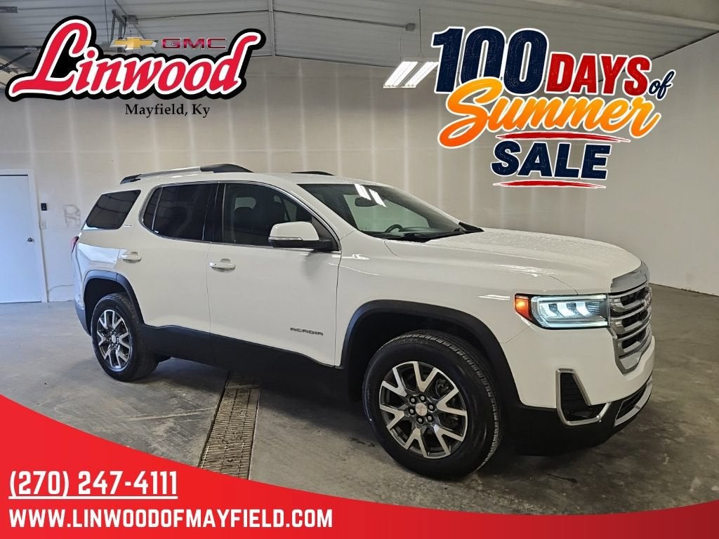 2023 GMC Acadia SLT in Summit White — front three-quarter view