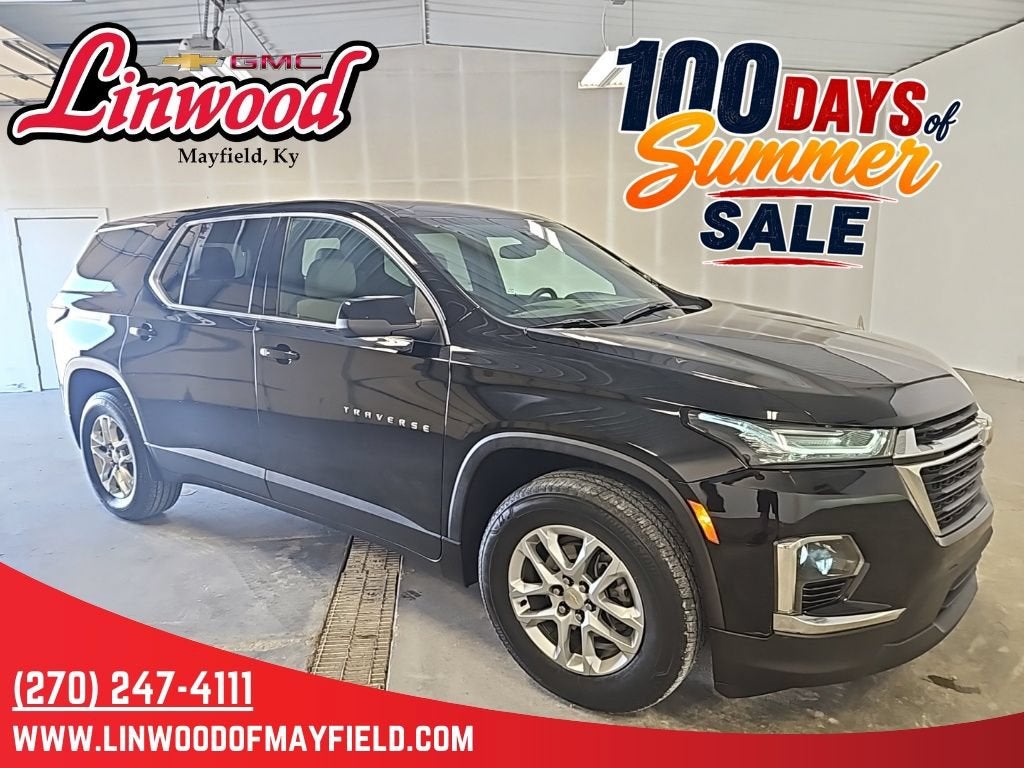 2023 Chevrolet Traverse LS in Mosaic Black Metallic — front three-quarter view